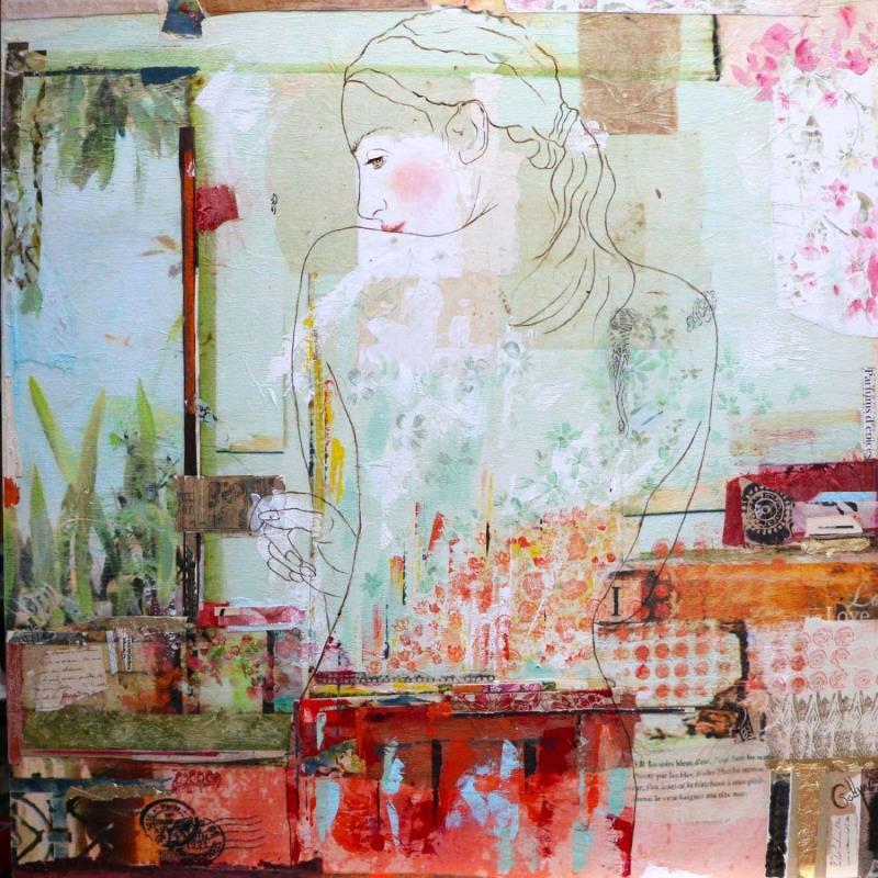 Painting Verte Epice by Sablyne | Painting Figurative Portrait Life style Nude Acrylic Gluing Ink Pastel Gold leaf Upcycling Paper Pigments