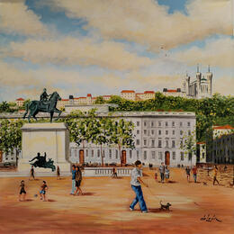 Peinture En balade place Bellecour par De León Lévi Marcelo | Tableau Figuratif Aquarelle Urbain