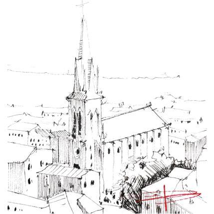 Painting Contre plongée sur Montpellier et l'église Saint Anne by Bailly Kévin  | Painting Figurative Ink, Watercolor Architecture, Urban