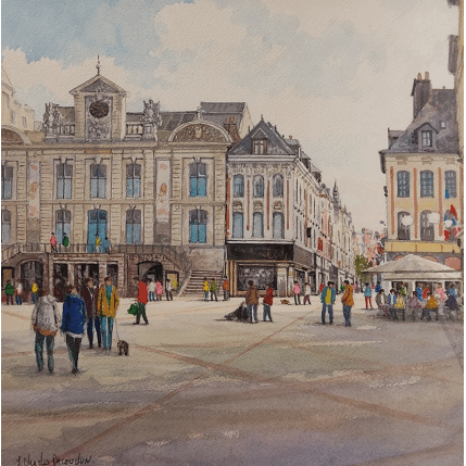 Peinture A Lille, La Grand'Place par Decoudun Jean charles | Tableau Figuratif Aquarelle Urbain