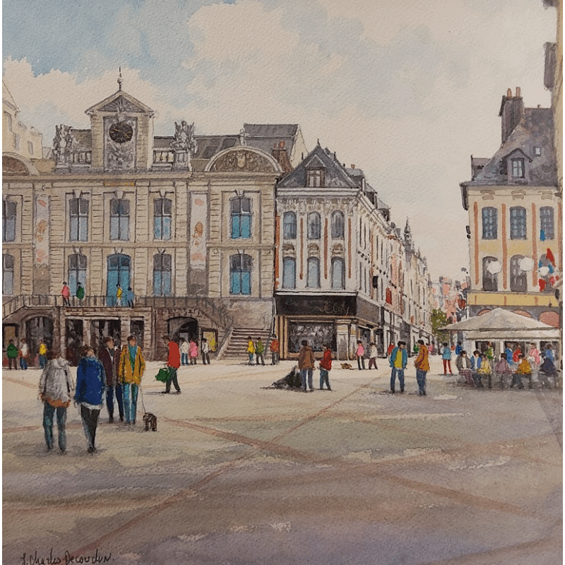 Peinture A Lille, La Grand'Place par Decoudun Jean charles | Tableau Figuratif Urbain Aquarelle