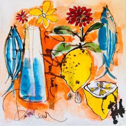 Peinture Fraicheur citronné par Colombo Cécile | Tableau Art naïf Acrylique, Aquarelle, Collage, Encre, Pastel Nature, Natures mortes, Scènes de vie