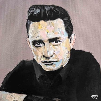 Peinture Johnny Cash par G.C.Popartist | Tableau Pop-art Acrylique, Collage, Encre, Huile, Papier, Upcycling Icones Pop, Musique, Portraits