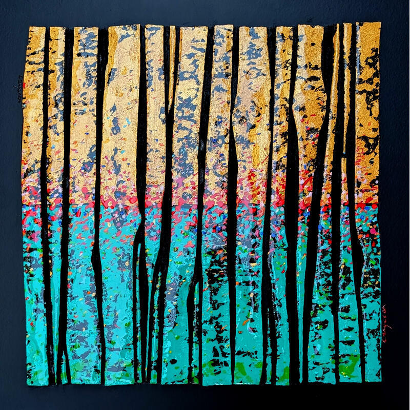 Gemälde Bande Color 19 Prairie vert or rouge multi von Langeron Luc | Gemälde Materialismus Minimalistisch Holz Acryl Harz