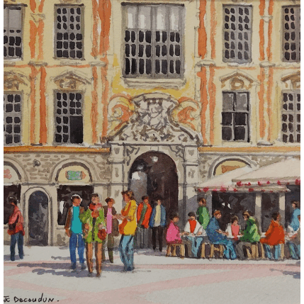 Peinture Lille, café devant la Vieille Bourse par Decoudun Jean charles | Tableau Figuratif Aquarelle Urbain