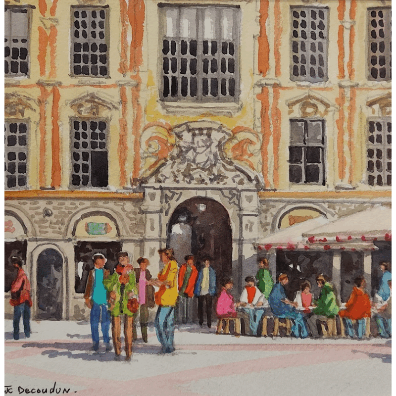 Peinture Lille, café devant la Vieille Bourse par Decoudun Jean charles | Tableau Figuratif Urbain Aquarelle