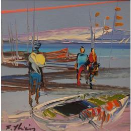 Peinture Retour de pêche par Frédéric Thiery | Tableau Figuratif Acrylique Marine, Paysages, Scènes de vie