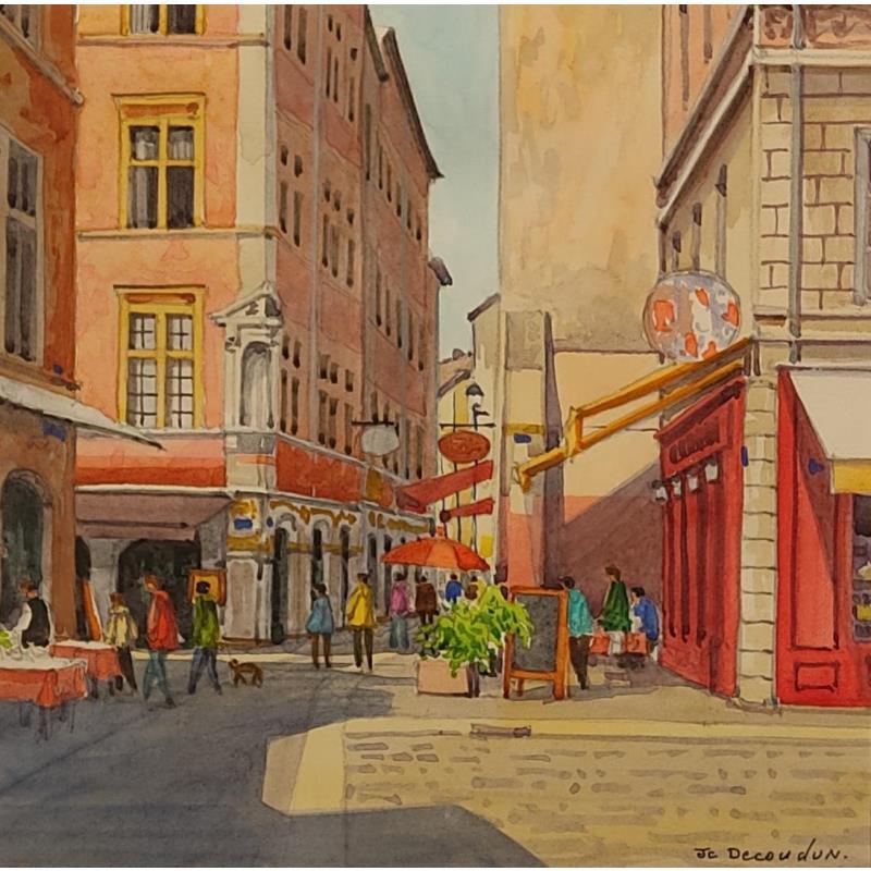 Painting Lyon rue St Jean, la vie en rose by Decoudun Jean charles | Painting Figurative Urban Watercolor