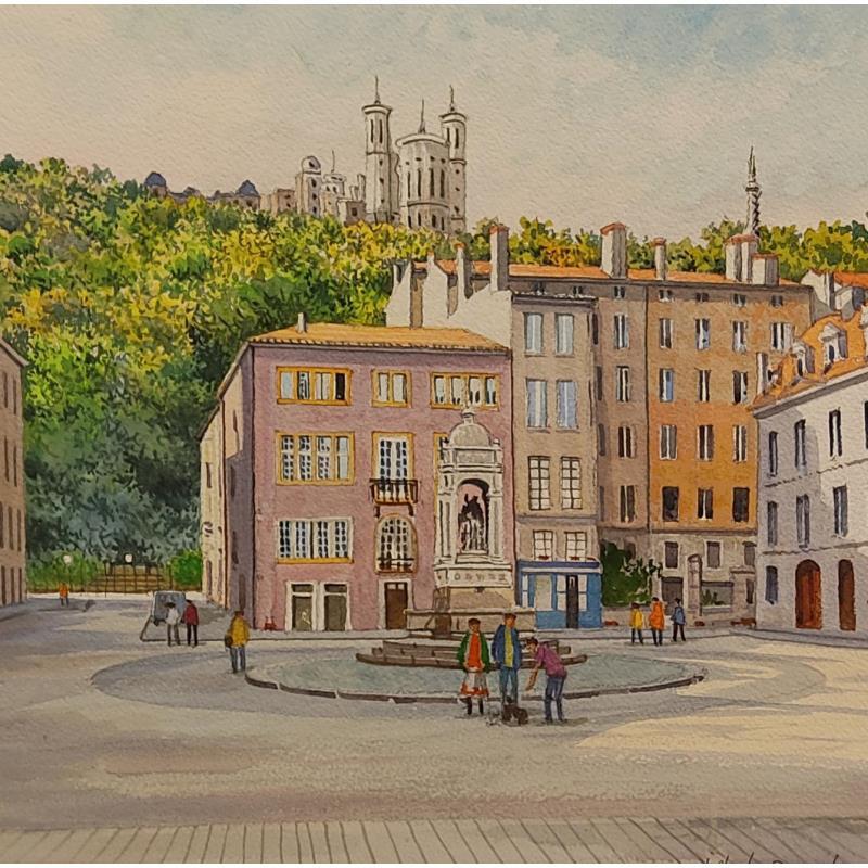 Painting Lyon, la place St Jean by Decoudun Jean charles | Painting Figurative Urban Watercolor