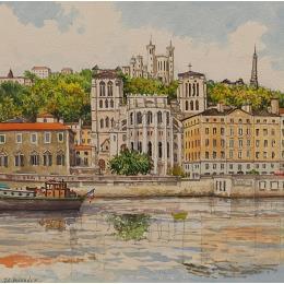 Painting Lyon, Fourviere et St Jean by Decoudun Jean charles | Painting Figurative Watercolor Urban