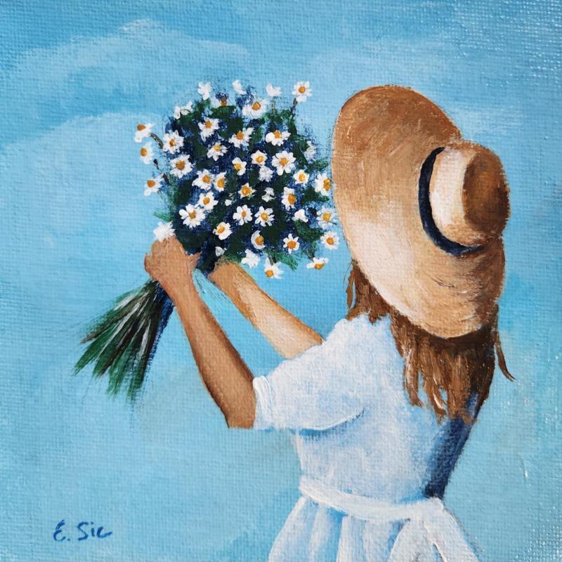 Gemälde Les marguerites von Sie Evelyne | Gemälde Figurativ Alltagsszenen Acryl