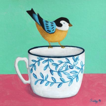 Painting Oiseau et tasse by Sally B | Painting Naive art Acrylic Animals, Still-life