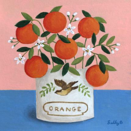 Painting Orange dans un pot vintage oiseau by Sally B | Painting Figurative Acrylic Animals, Still-life