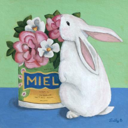 Painting Lapin et fleurs dans un pot miel by Sally B | Painting Naive art Acrylic Animals, Child, Still-life