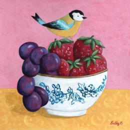 Peinture Oiseau, fraises et raisins par Sally B | Tableau Art naïf Acrylique Animaux, Enfant, Natures mortes