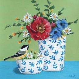 Peinture Oiseau, coquelicot et fleurs par Sally B | Tableau Art naïf Acrylique Natures mortes