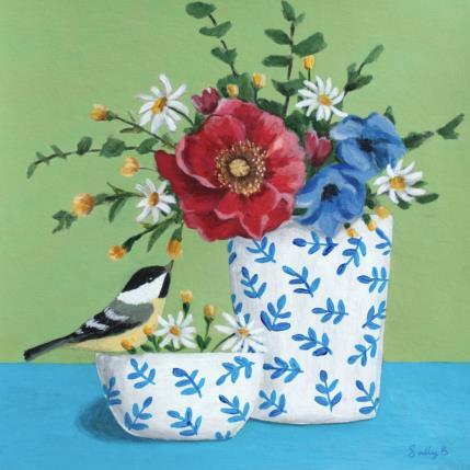 Painting Oiseau, coquelicot et fleurs by Sally B | Painting Naive art Acrylic Pop icons, Still-life