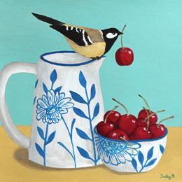 Peinture Oiseau sur une cruche avec des cerises par Sally B | Tableau Art naïf Acrylique Natures mortes