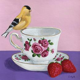 Peinture Oiseau sur une tasse avec fraises par Sally B | Tableau Art naïf Acrylique Natures mortes