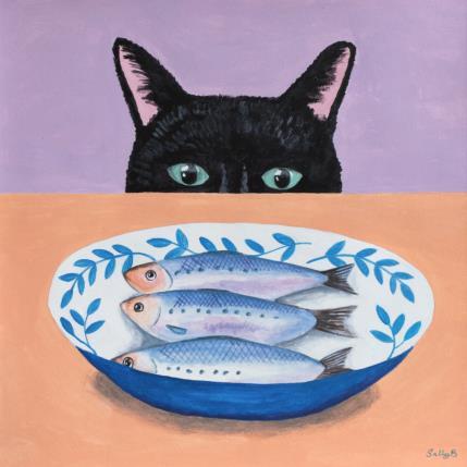 Peinture Chat noir avec poissons par Sally B | Tableau