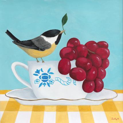 Peinture Oiseau avec raisins sur une tasse par Sally B | Tableau