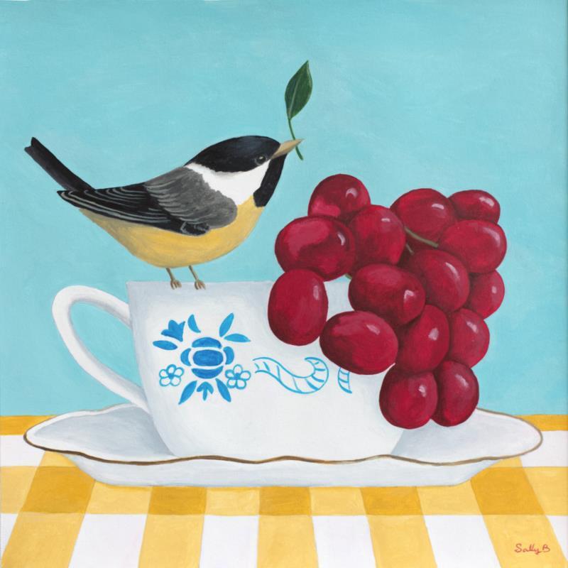 Peinture Oiseau avec raisins sur une tasse par Sally B | Tableau Figuratif Animaux Natures mortes Acrylique