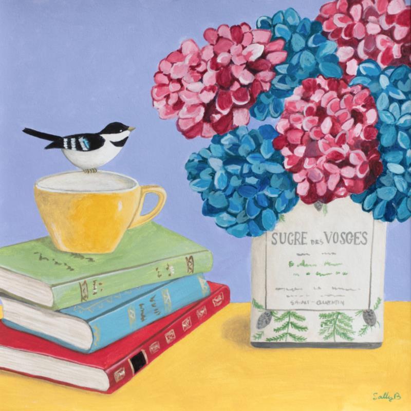 Peinture Oiseau avec livres et hortensia par Sally B | Tableau Figuratif Animaux Natures mortes Acrylique