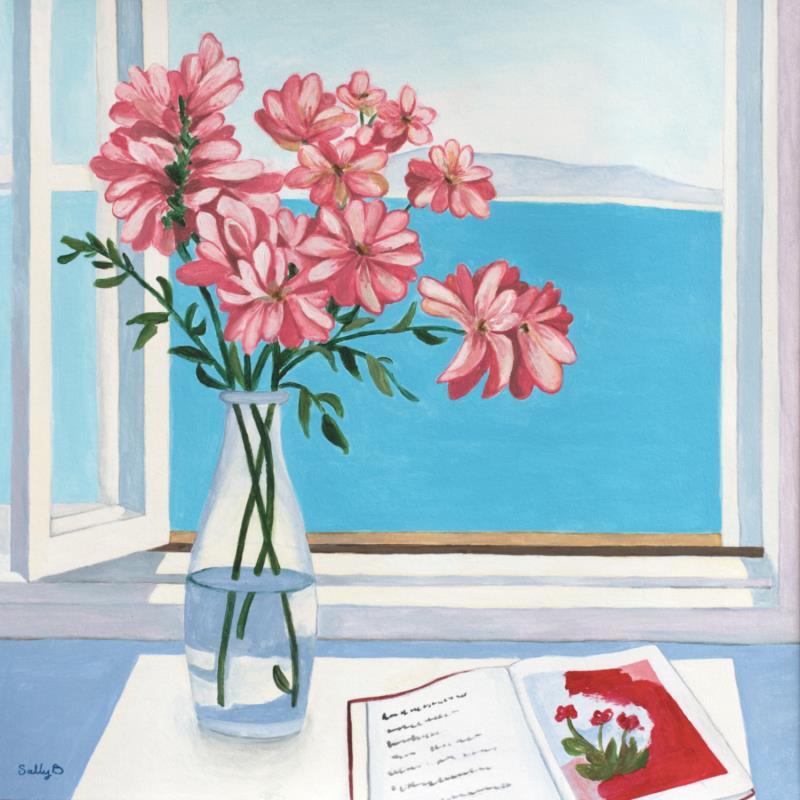 Peinture Fleurs et livre avec vue sur mer par Sally B | Tableau Figuratif Natures mortes Acrylique