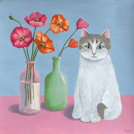 Peinture Chat avec coquelicots par Sally B | Tableau
