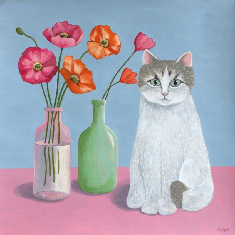 Peinture Chat avec coquelicots par Sally B | Tableau Figuratif Animaux Acrylique