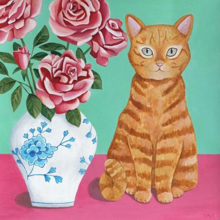 Peinture Chat roux avec roses par Sally B | Tableau