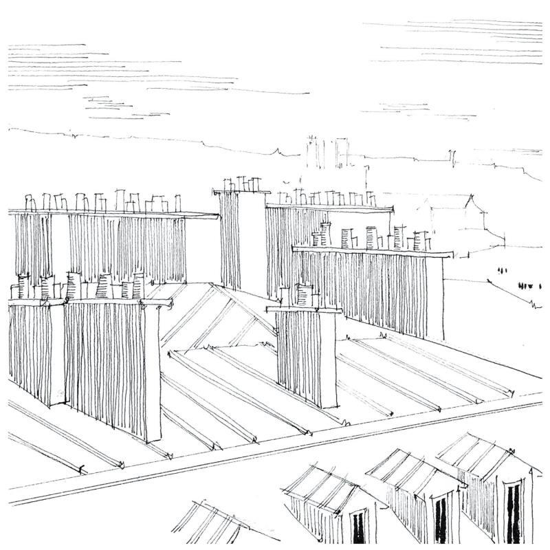 Painting La danse des cheminées de Paris  by Bailly Kévin  | Painting Figurative Urban Architecture Watercolor Ink