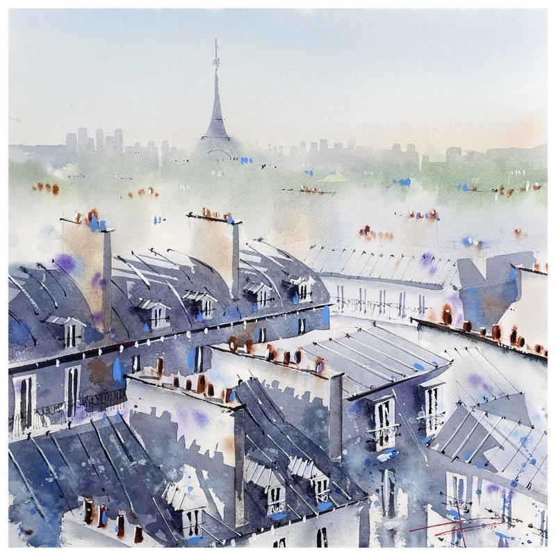 Painting Ombres et lumières sur les toits de Paris  by Bailly Kévin  | Painting Figurative Urban Architecture Watercolor Ink