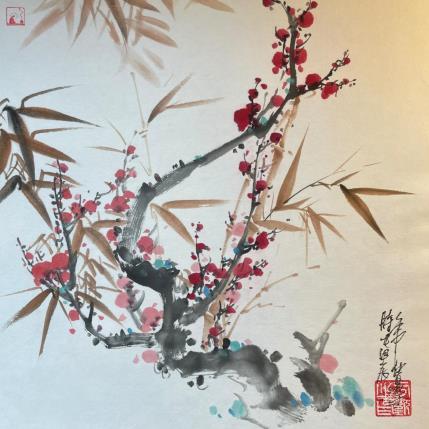 Painting Cherry blossom and bamboo by Yu Huan Huan | Painting Figurative Ink, Watercolor Nature