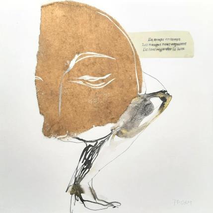 Peinture Moment sans douleur, une lune pâle en plein jour par Pagny Corine | Tableau Art Singulier Collage, Encre Nu