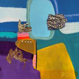 Peinture Observation en vol par Lau Blou | Tableau Abstrait Acrylique, Collage, Feuille d'or Minimaliste