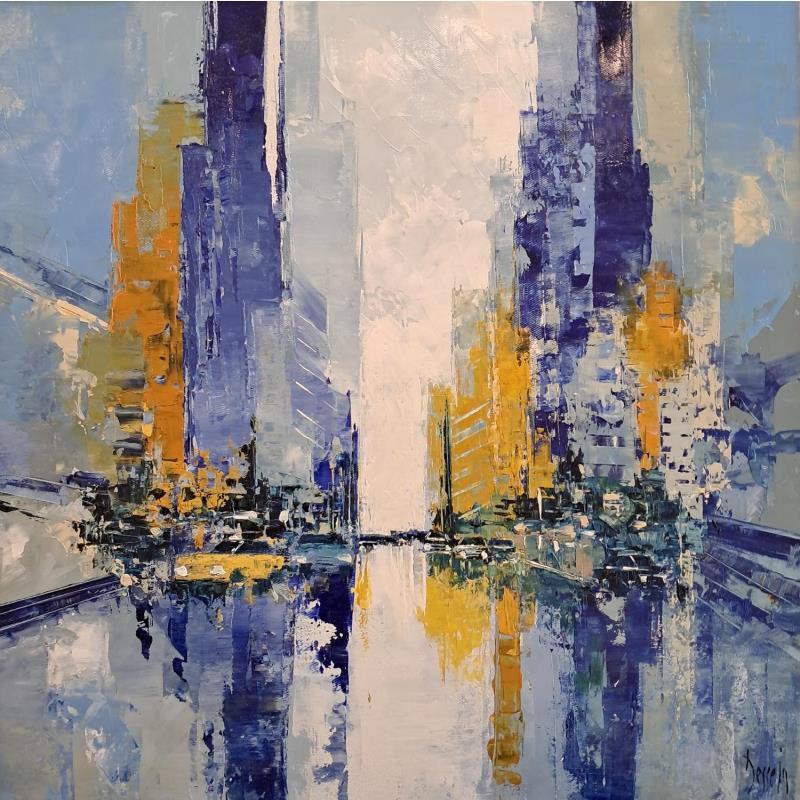 Painting Yellow and Blue by Dessein Pierre | Painting Figurative Urban Architecture Oil