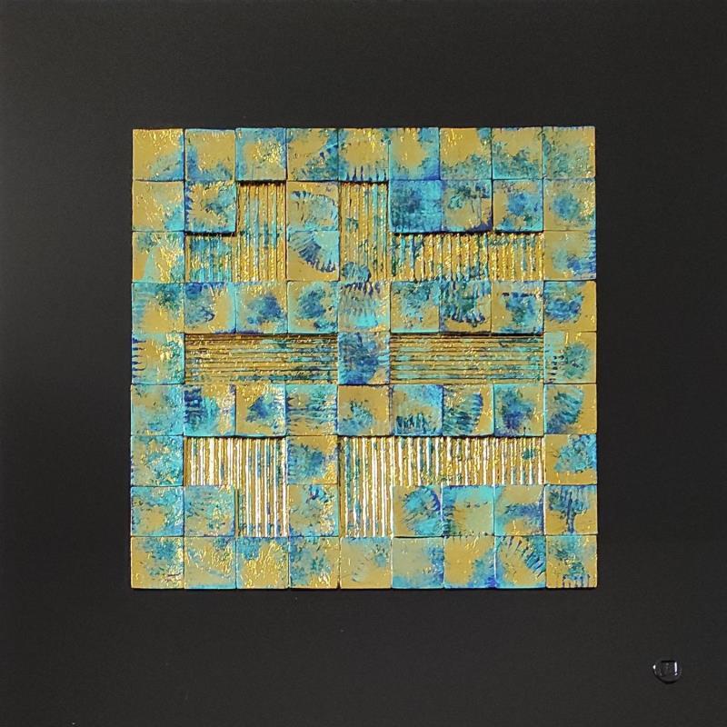 Peinture Blue Velvet par Bauquel Véronique | Tableau Abstrait Minimaliste Bois Métal Acrylique Collage Résine