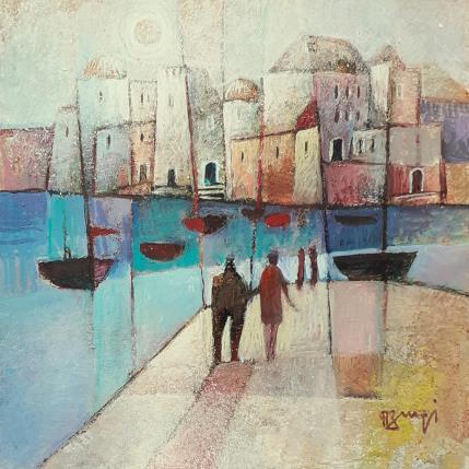 Gemälde AQ116 PROMENADE SUR LA JETEE von Burgi Roger | Gemälde Figurativ Acryl Landschaften, Marine, Pop-Ikonen, Urban