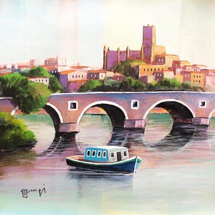 Gemälde AR13 LE BATEAU BLEU von Burgi Roger | Gemälde Figurativ Acryl Landschaften, Marine, Urban