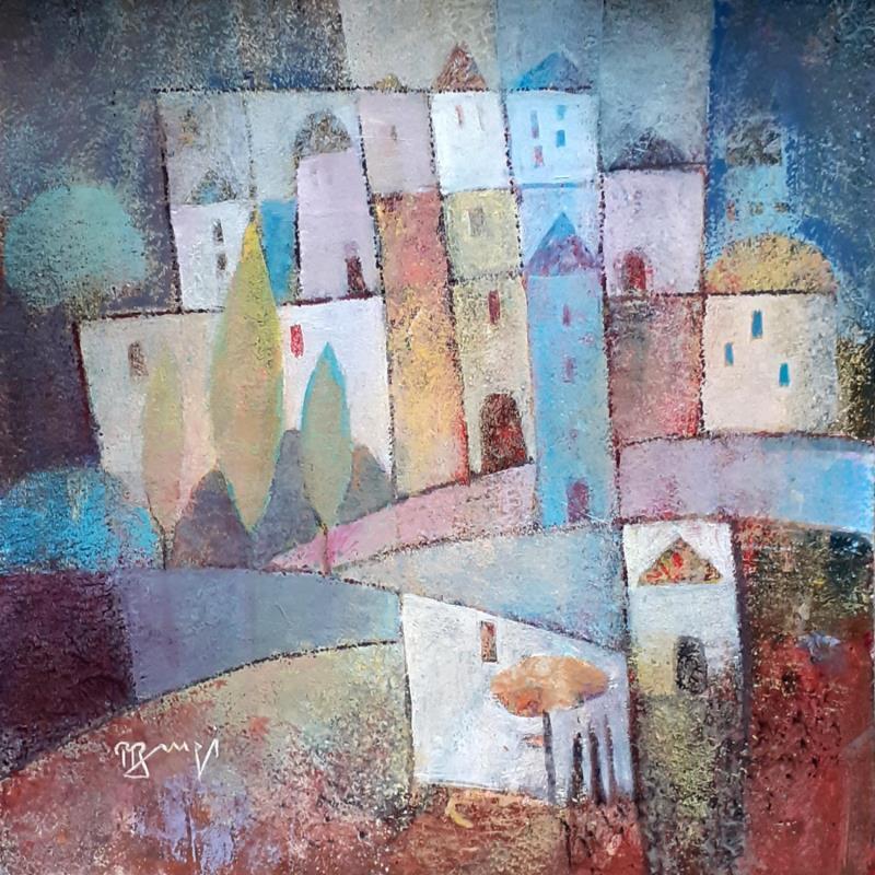 Peinture AO80 VILLAGE A LA TOUR BLEUE  par Burgi Roger | Tableau Figuratif Paysages Urbain Nature Acrylique