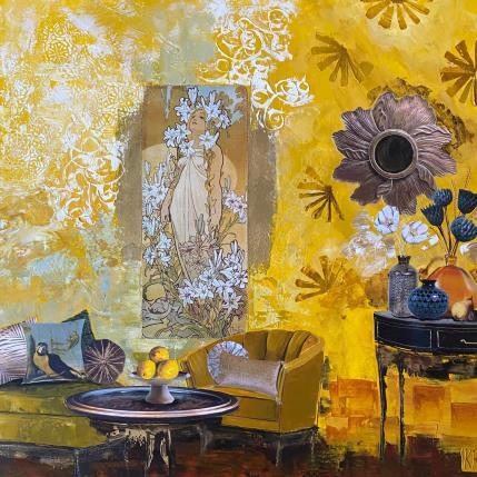 Peinture L’invitée par Romanelli Karine | Tableau Figuratif Acrylique, Collage, Feuille d'or, Papier, Pastel, Posca Scènes de vie