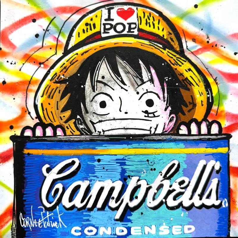 Peinture Luffy, Campbell's soup par Cornée Patrick | Tableau Pop-art Cinéma Icones Pop Enfant Graffiti Huile