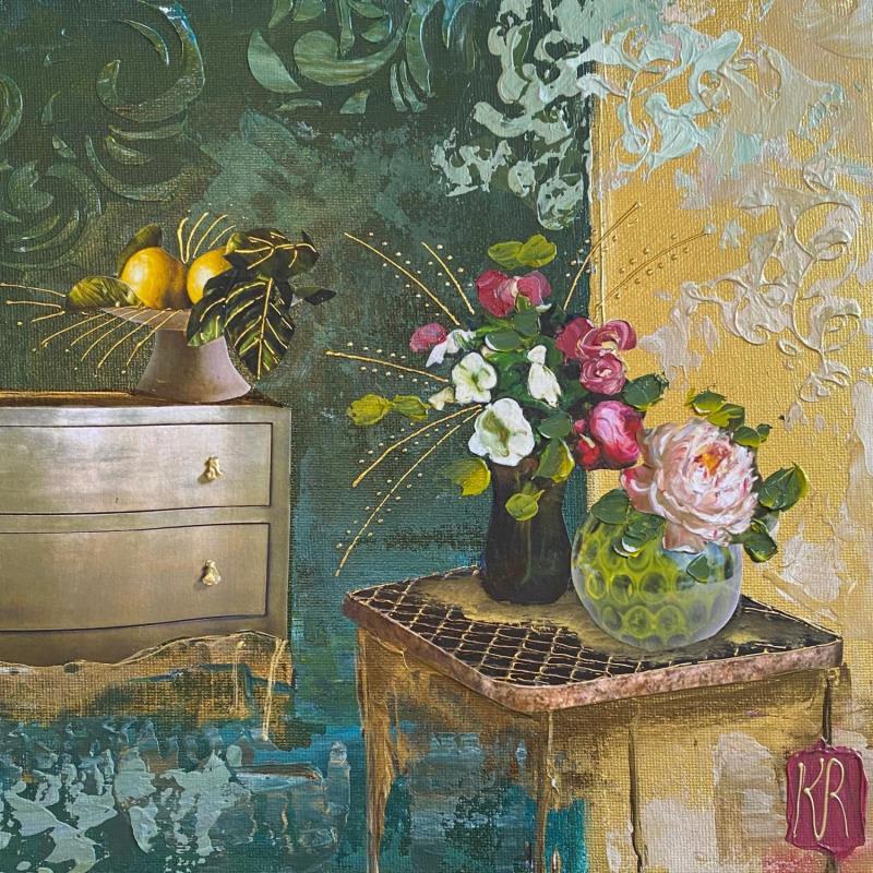 Painting La beauté des fleurs  by Romanelli Karine | Painting Figurative Still-life Acrylic Gluing Pastel Gold leaf Paper