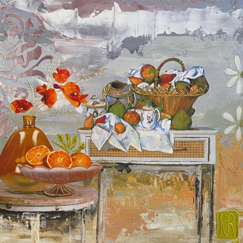 Painting Clin d’œil à Cezanne 7  by Romanelli Karine | Painting Figurative Still-life Acrylic Gluing Pastel Gold leaf Paper