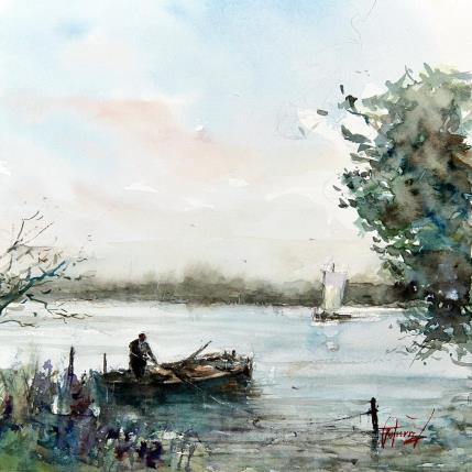 Peinture Soir sur la Loire par Gutierrez | Tableau Impressionnisme Aquarelle Paysages