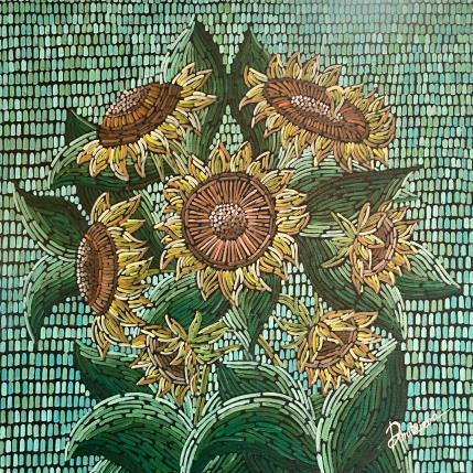 Peinture Tournesols sur turquoise  par Dmitrieva Daria | Tableau Impressionnisme Acrylique Nature