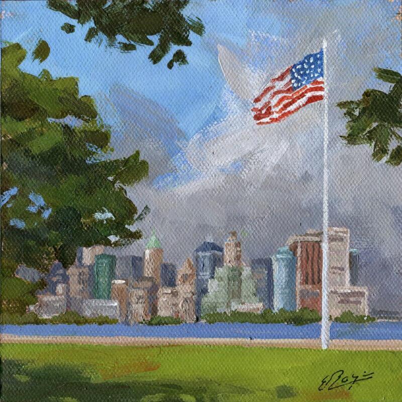 Peinture Ny vu de Ellis island par Elisabeth Bazin | Tableau Figuratif Architecture Acrylique