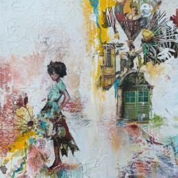 Gemälde La danseuse aux pétales von Bergeron Marie-Josée | Gemälde Abstrakt Acryl, Collage, Papier, Pastell, Posca Pop-Ikonen