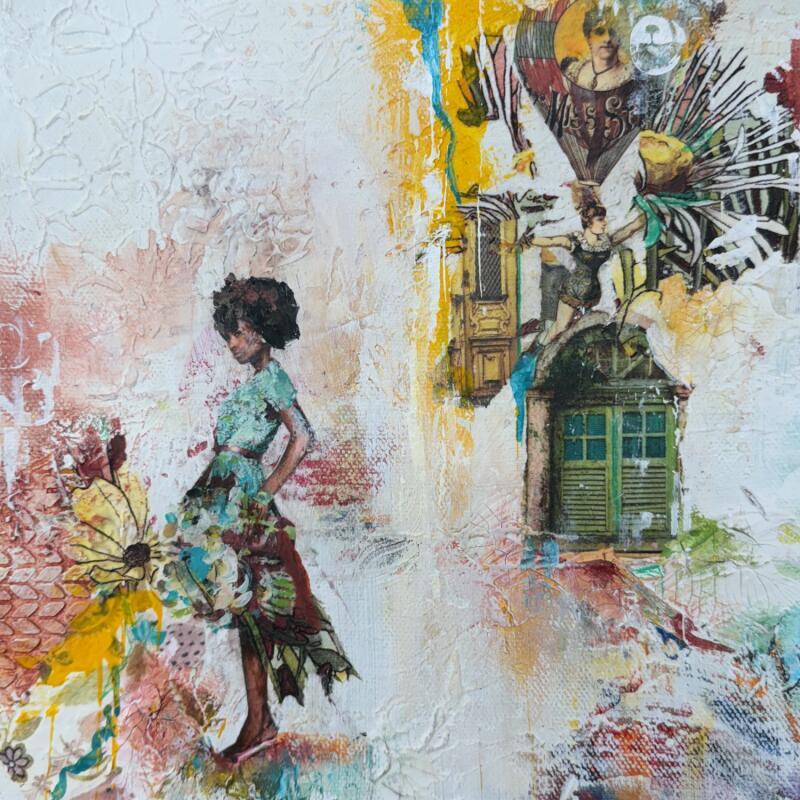 Peinture La danseuse aux pétales par Bergeron Marie-Josée | Tableau Abstrait Acrylique Collage Posca Pastel Papier